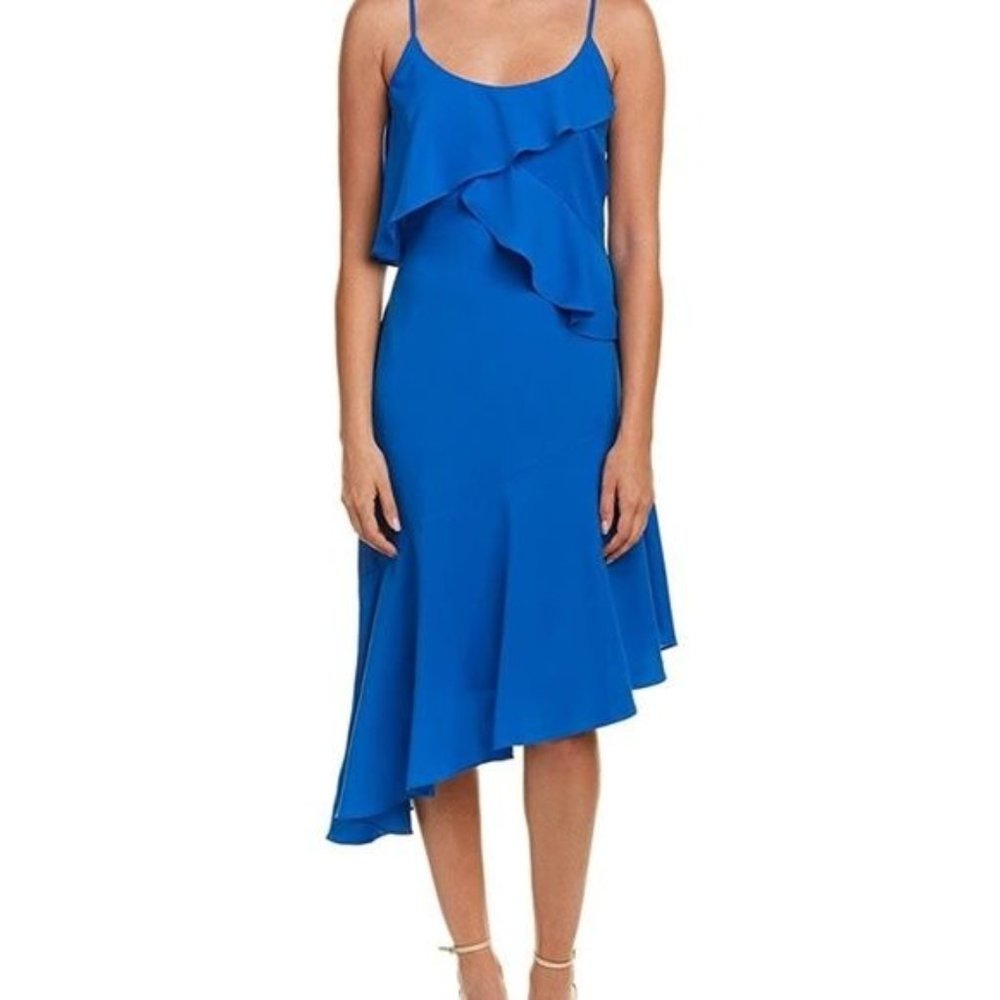 Adelyn Rae XS Desdemona Dress Midi Asymmetrical Ruffle Tank Blue Spring Summer
